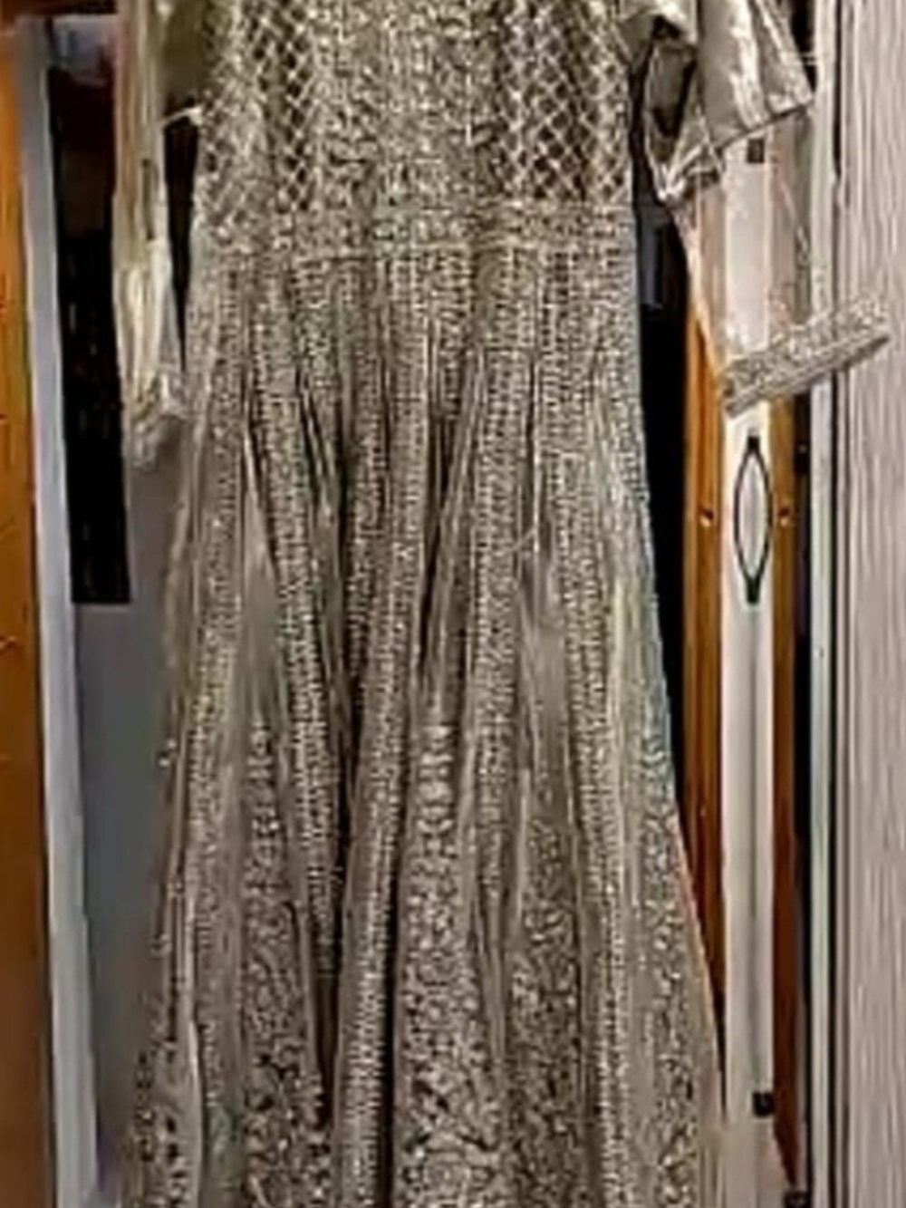 Beaded Silver Long-Sleeve Dress - Elegant Full-Length Gown